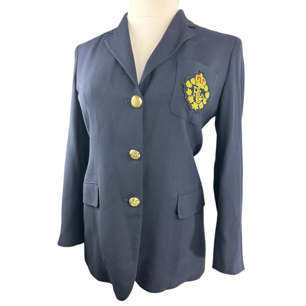 *Flaw Lauren Ralph Lauren Crown Crest 100% Wool Blazer Jacket Navy Womens Size 6 - Picture 16 of 16